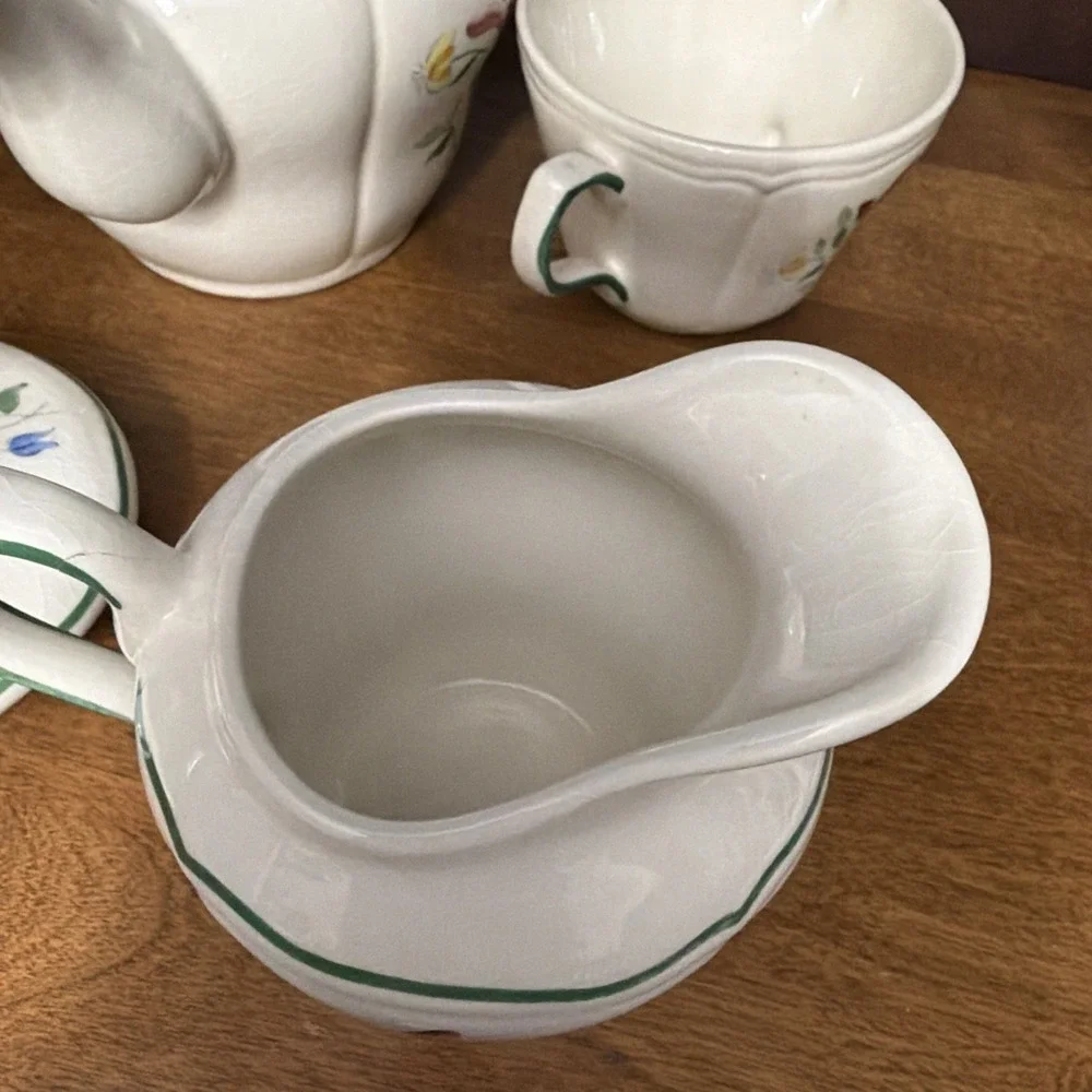 Longchamp Teapot Suger & Creamer French Faience Hand Painted Floral VTG